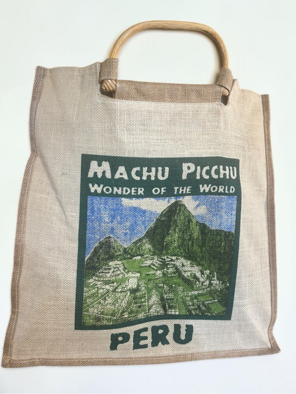 Machu Picchu Peru Jute Tote Bag Bamboo Handles Travel Souvenir